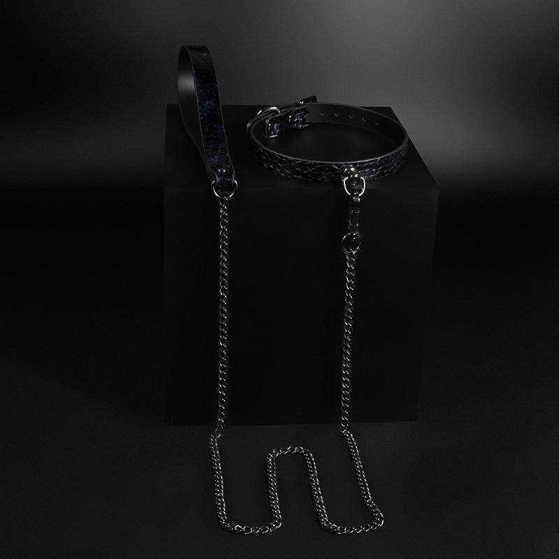Obsidian Nocturne - Embossed Leather BDSM Collar with Chain Leash
