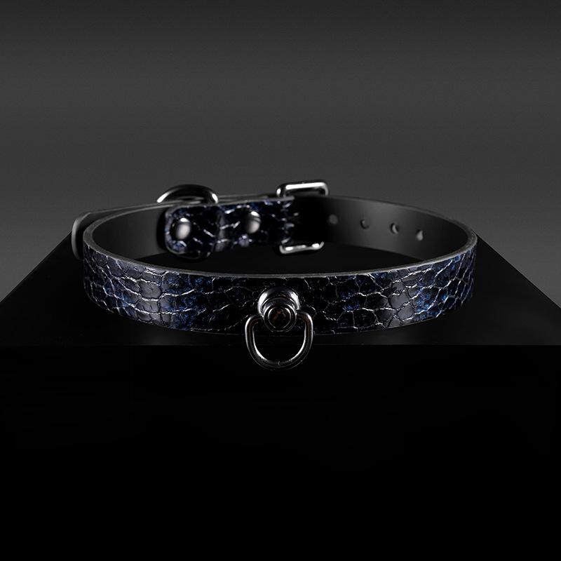 Obsidian Nocturne - Embossed Leather BDSM Collar with Chain Leash