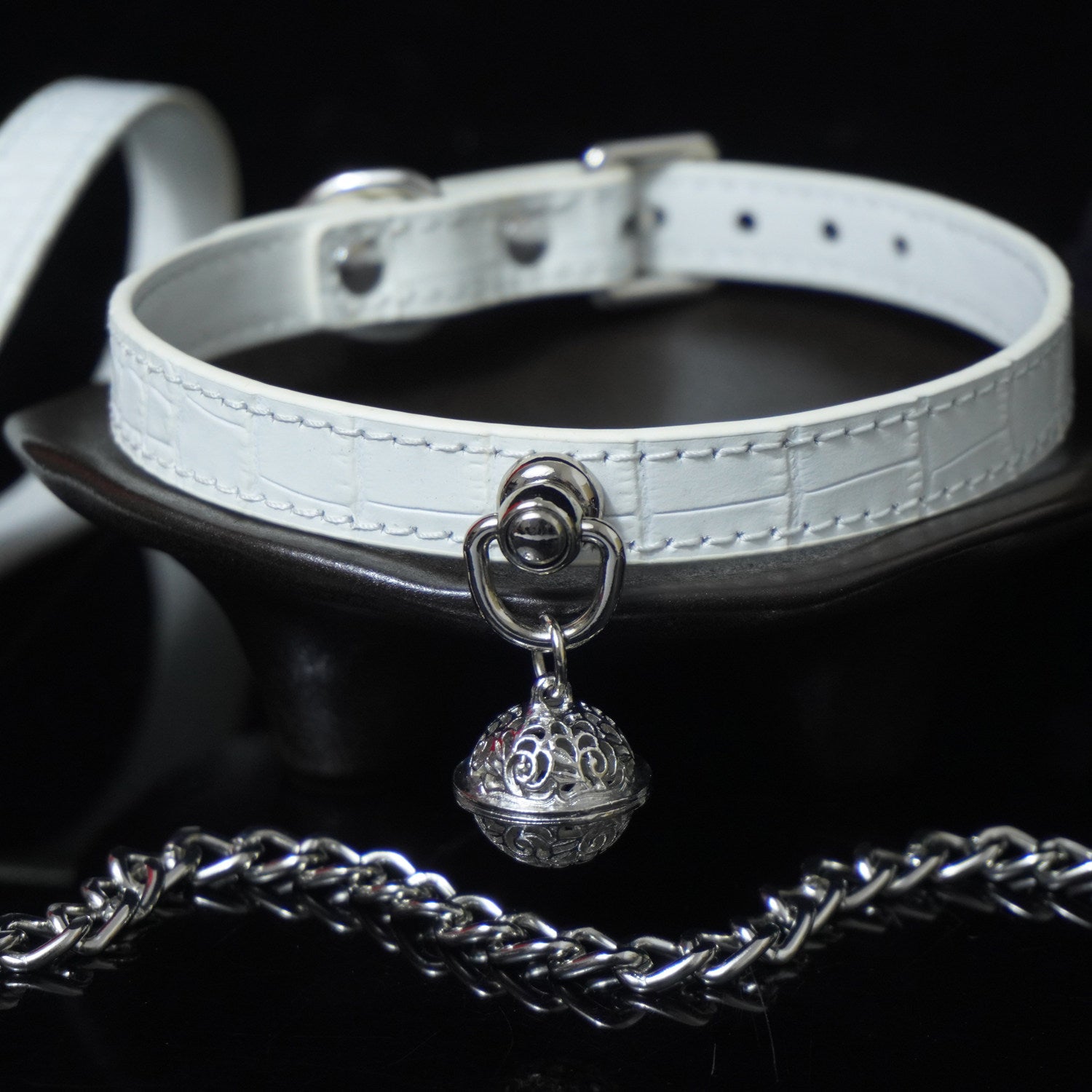 Midnight Chime - Embossed Leather BDSM Slave Collar with Filigree Bell
