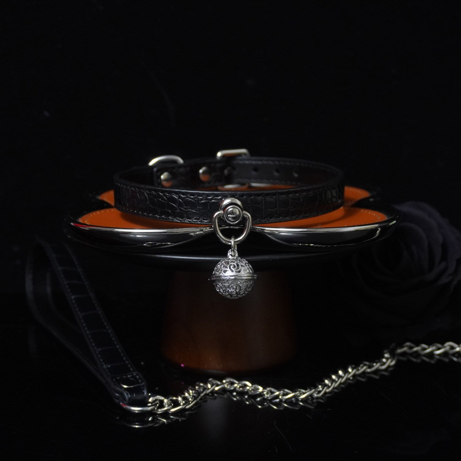 Midnight Chime - Embossed Leather BDSM Slave Collar with Filigree Bell
