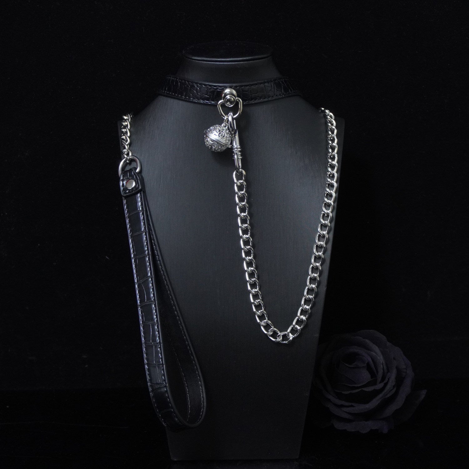Midnight Chime - Embossed Leather BDSM Slave Collar with Filigree Bell