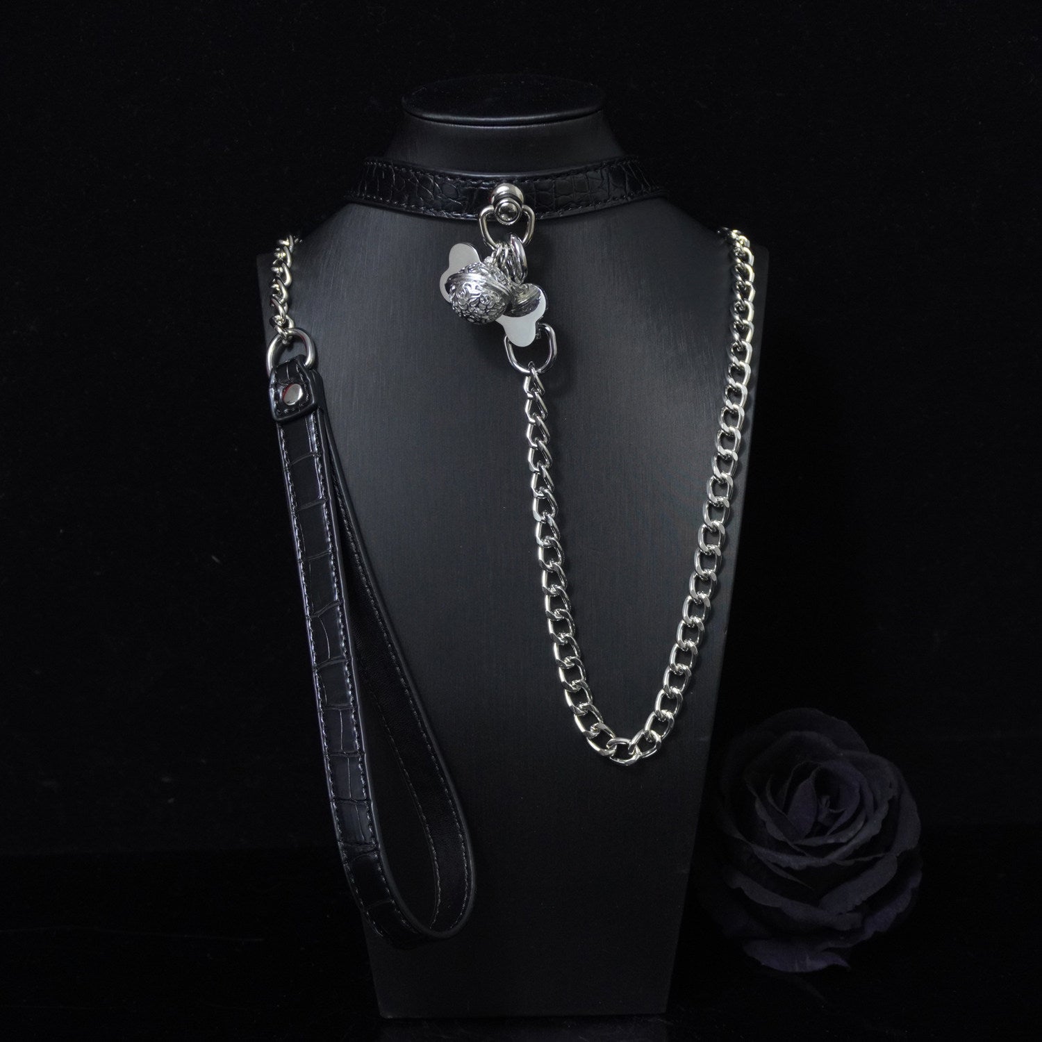Midnight Chime - Embossed Leather BDSM Slave Collar with Filigree Bell