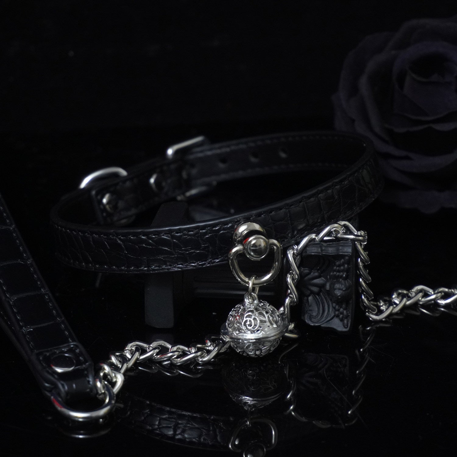Midnight Chime - Embossed Leather BDSM Slave Collar with Filigree Bell