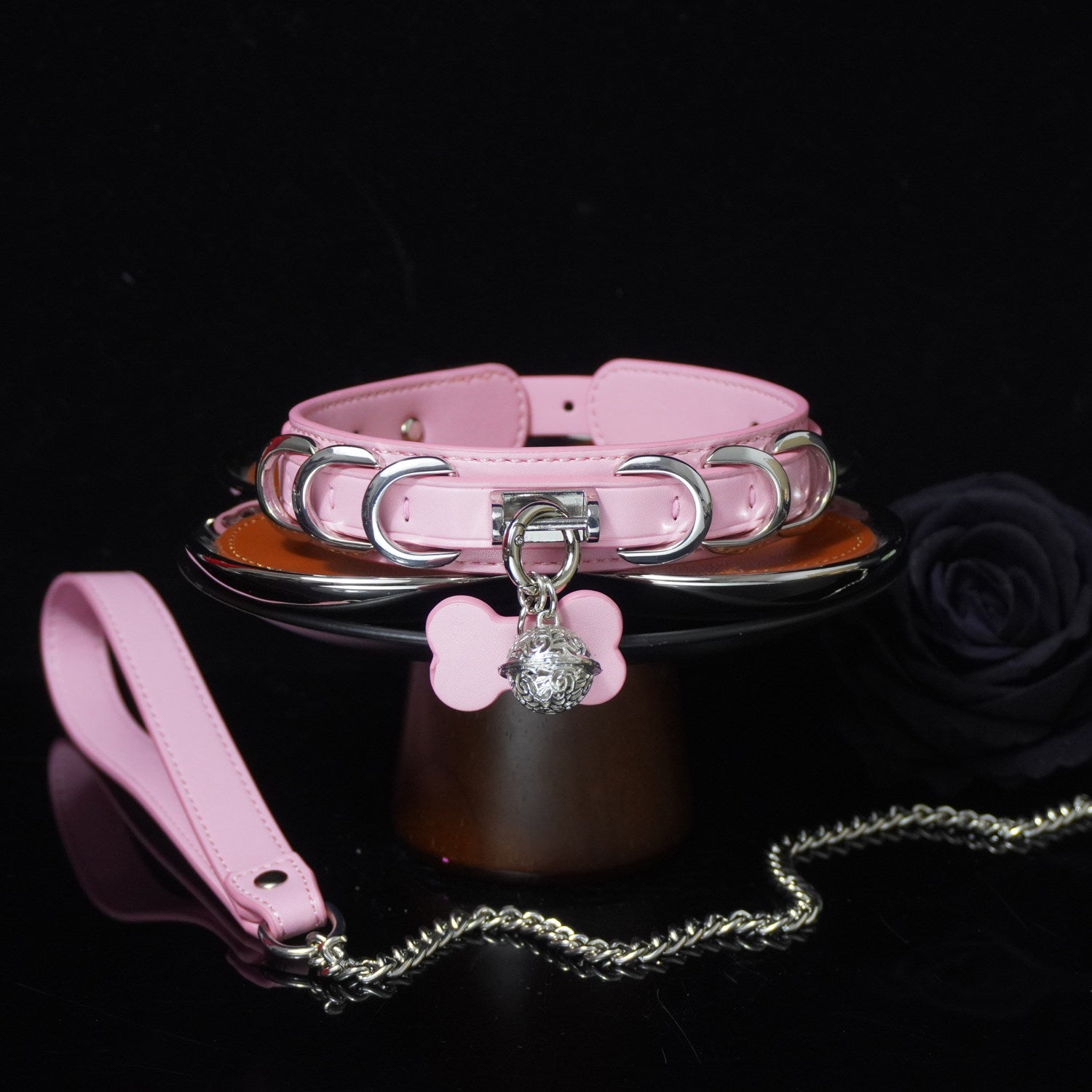 Iron Empress - Multi-Ring Leather BDSM Slave Collar with Bell & Bow