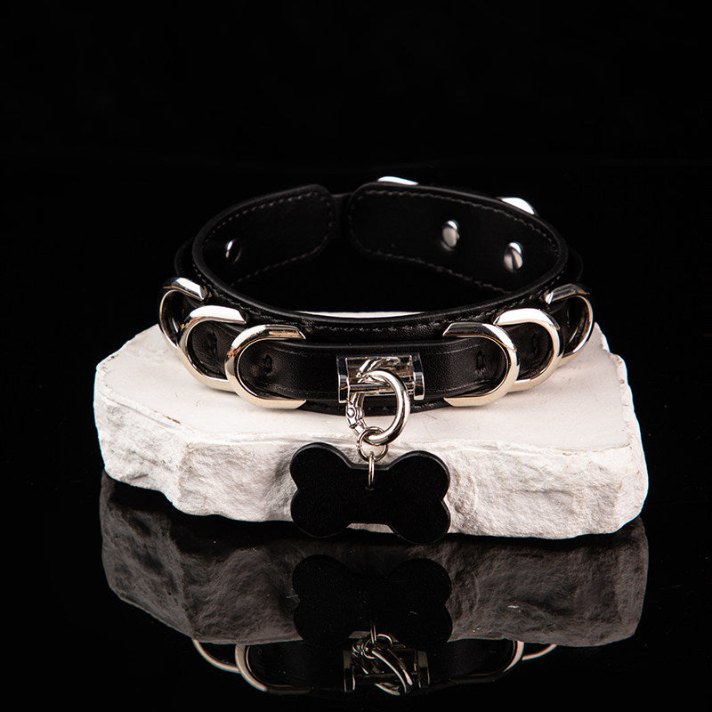 Iron Empress - Multi-Ring Leather BDSM Slave Collar with Bell & Bow