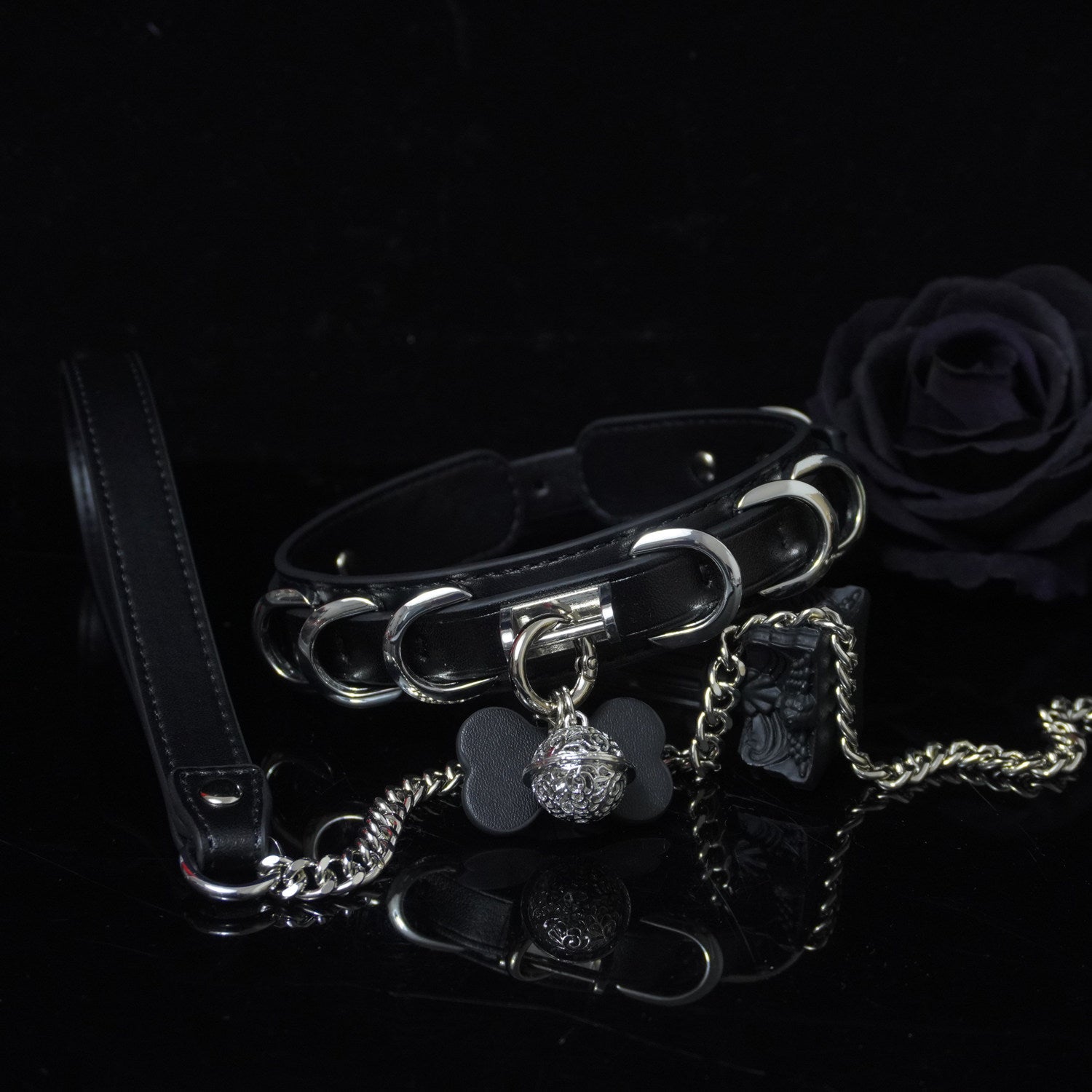 Iron Empress - Multi-Ring Leather BDSM Slave Collar with Bell & Bow