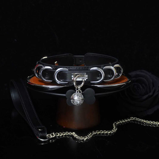 Iron Empress - Multi-Ring Leather BDSM Slave Collar with Bell & Bow