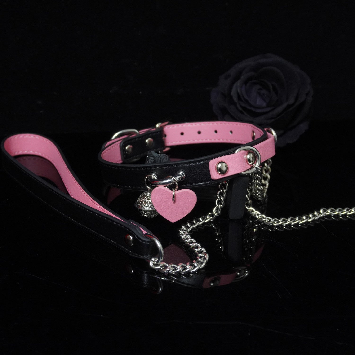 Scarlet Blush & Obsidian - Heart-Adorned Pink Leather BDSM Pet Collar