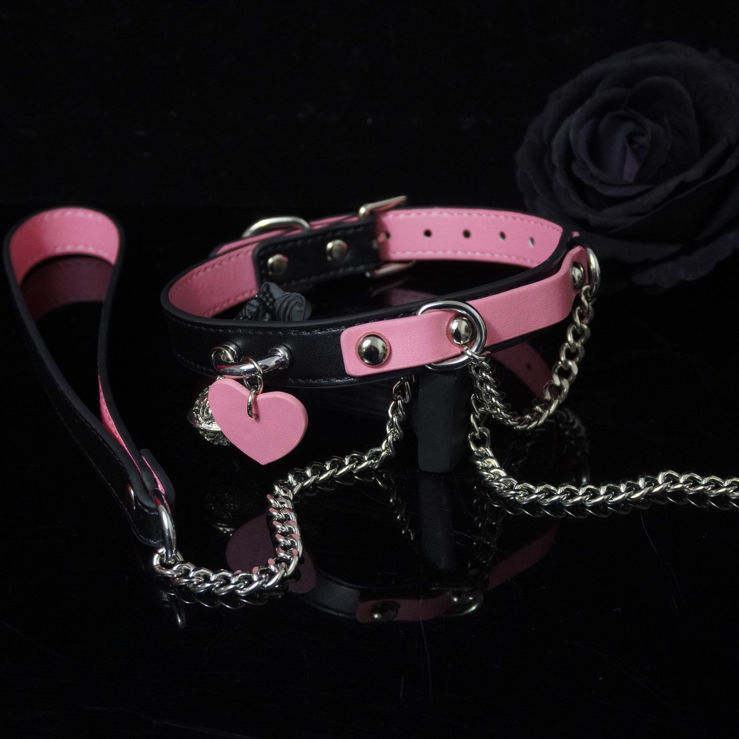 Scarlet Blush & Obsidian - Heart-Adorned Pink Leather BDSM Pet Collar