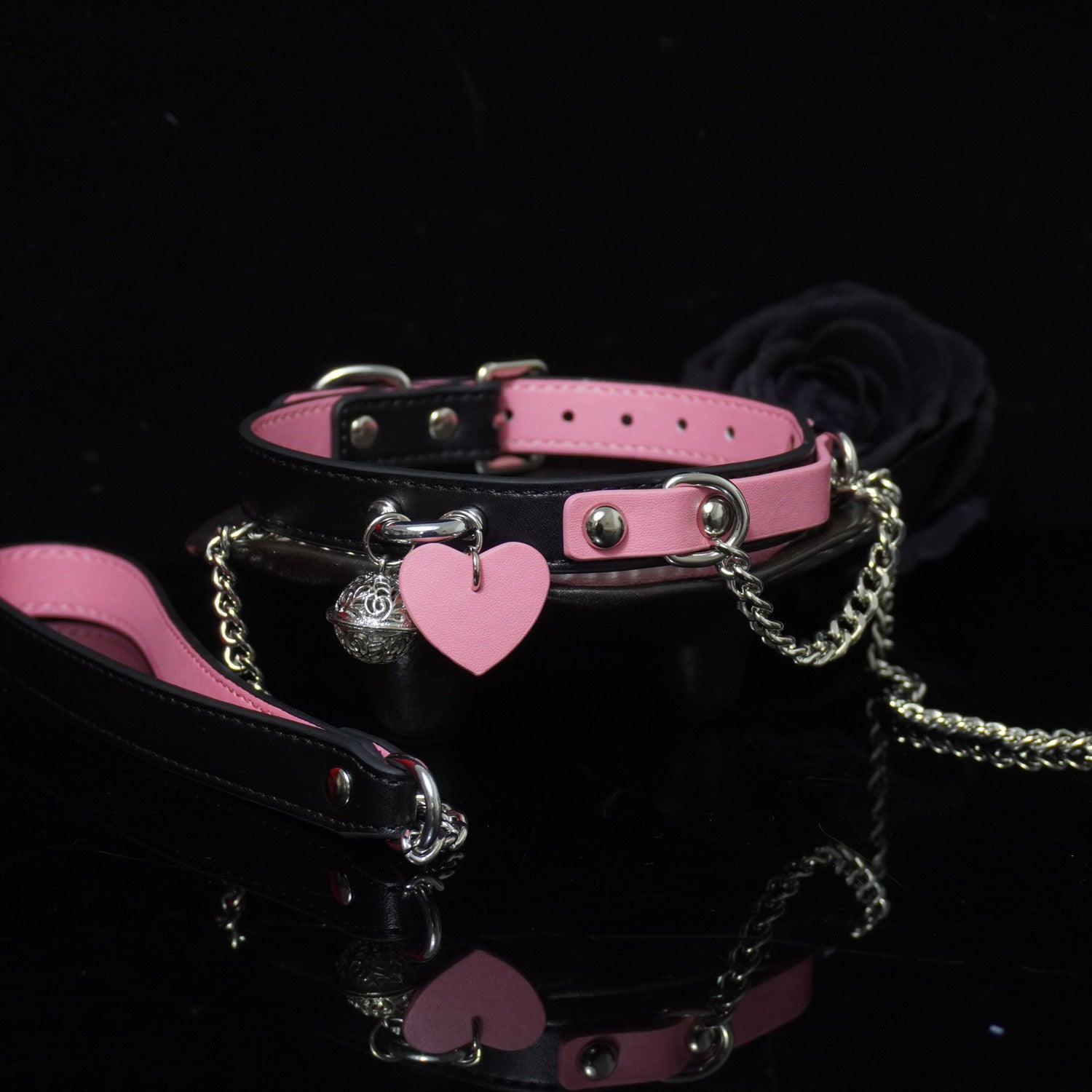 Scarlet Blush & Obsidian - Heart-Adorned Pink Leather BDSM Pet Collar