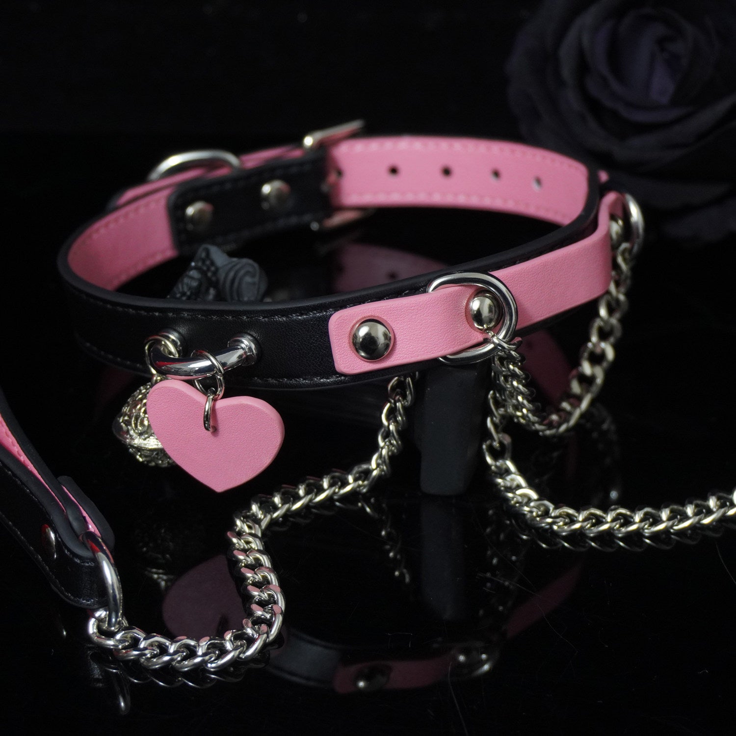 Scarlet Blush & Obsidian - Heart-Adorned Pink Leather BDSM Pet Collar