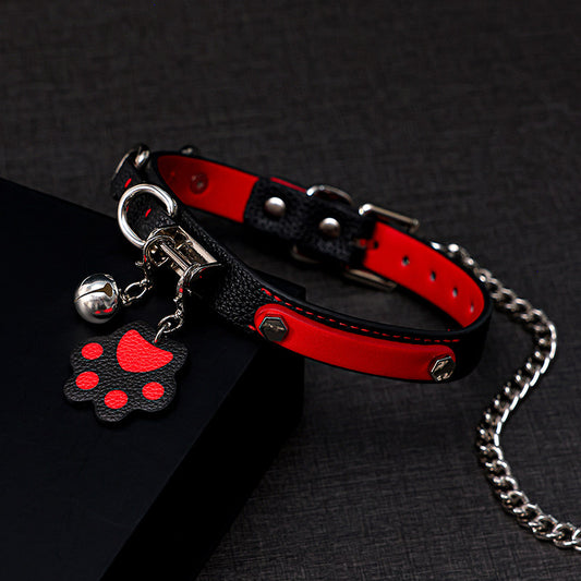 Crimson Shadow - Two-Tone Red & Black Cute Leather BDSM Collar with Paw Charm