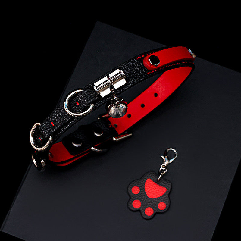 Crimson Shadow - Two-Tone Red & Black Cute Leather BDSM Collar with Paw Charm