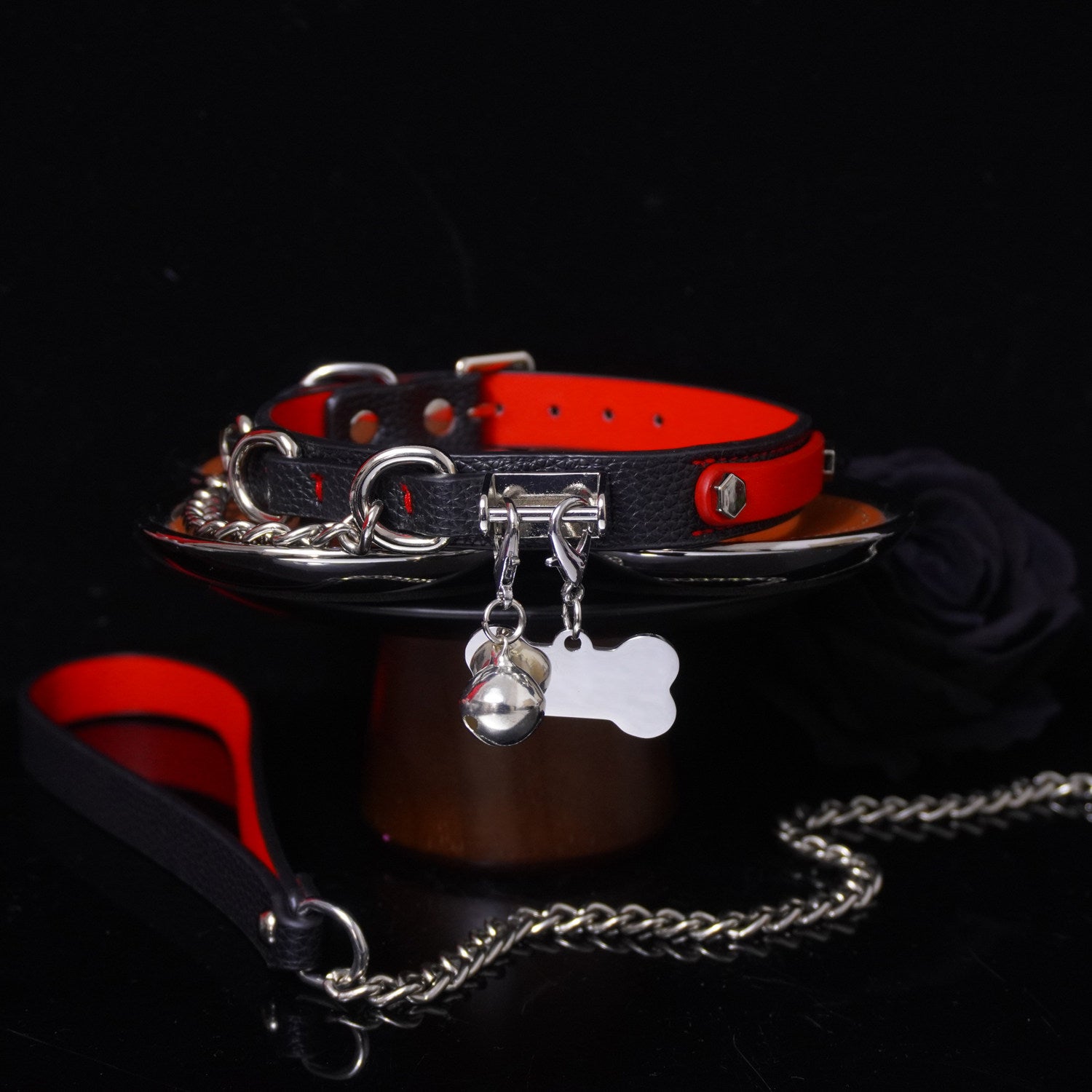Crimson Shadow - Two-Tone Red & Black Cute Leather BDSM Collar with Paw Charm