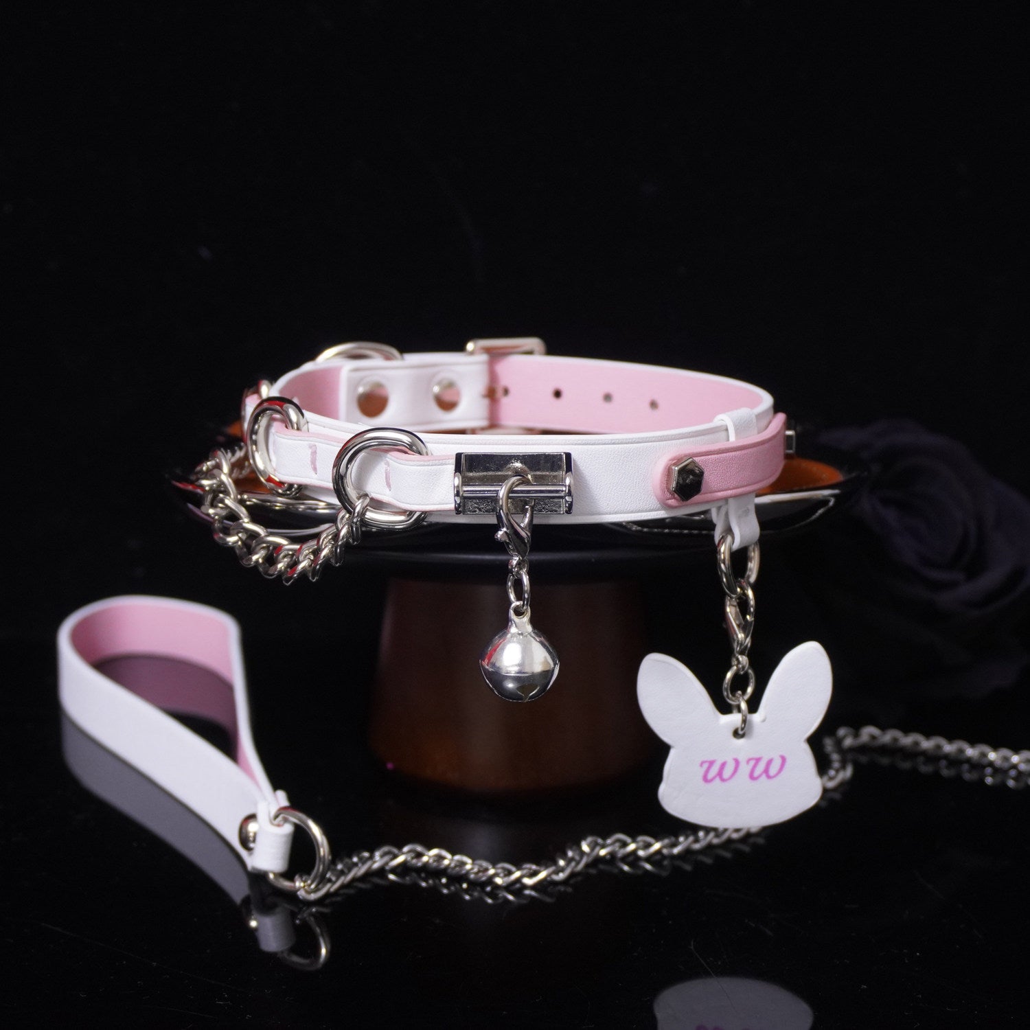 Obsidian & Ember - Red-Lined Leather BDSM Collar with Paw Charm & Leash