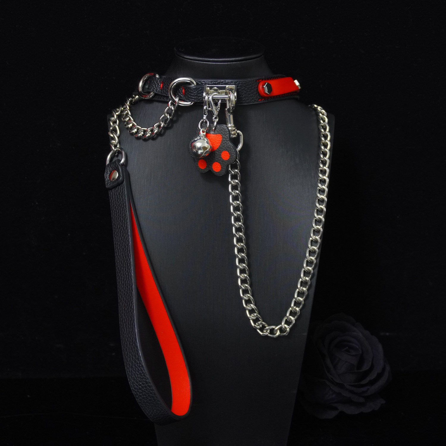 Obsidian & Ember - Red-Lined Leather BDSM Collar with Paw Charm & Leash
