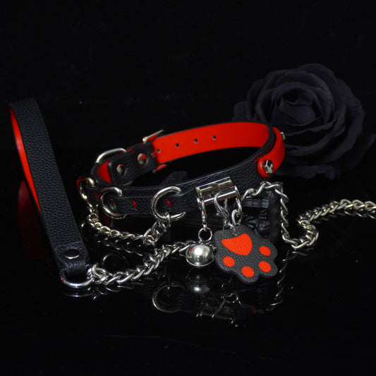 Obsidian & Ember - Red-Lined Leather BDSM Collar with Paw Charm & Leash