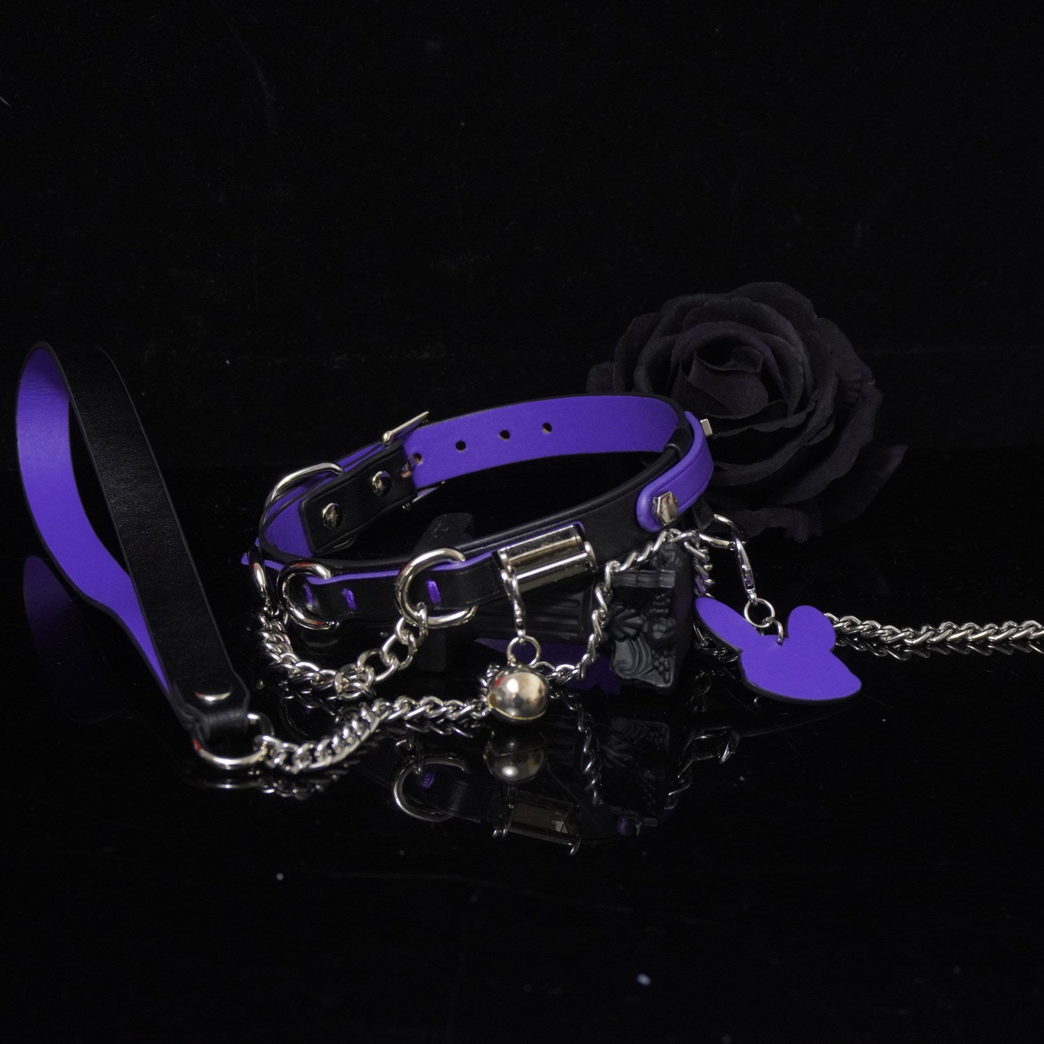 Obsidian & Ember - Red-Lined Leather BDSM Collar with Paw Charm & Leash