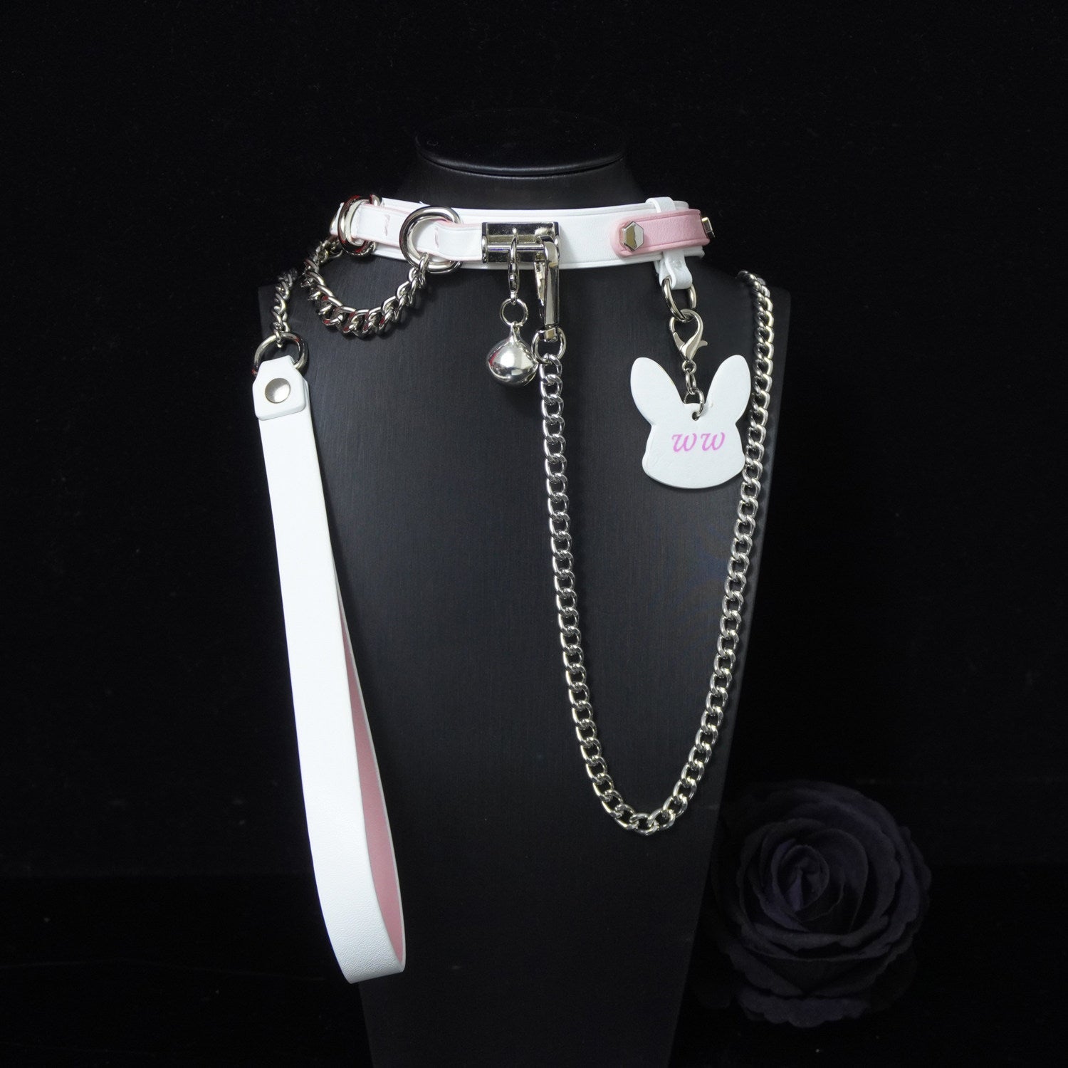 Obsidian & Ember - Red-Lined Leather BDSM Collar with Paw Charm & Leash