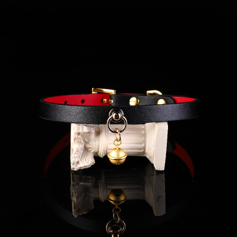 Midnight Gilt - Red-Lined Leather BDSM Slave Collar with Golden Bell
