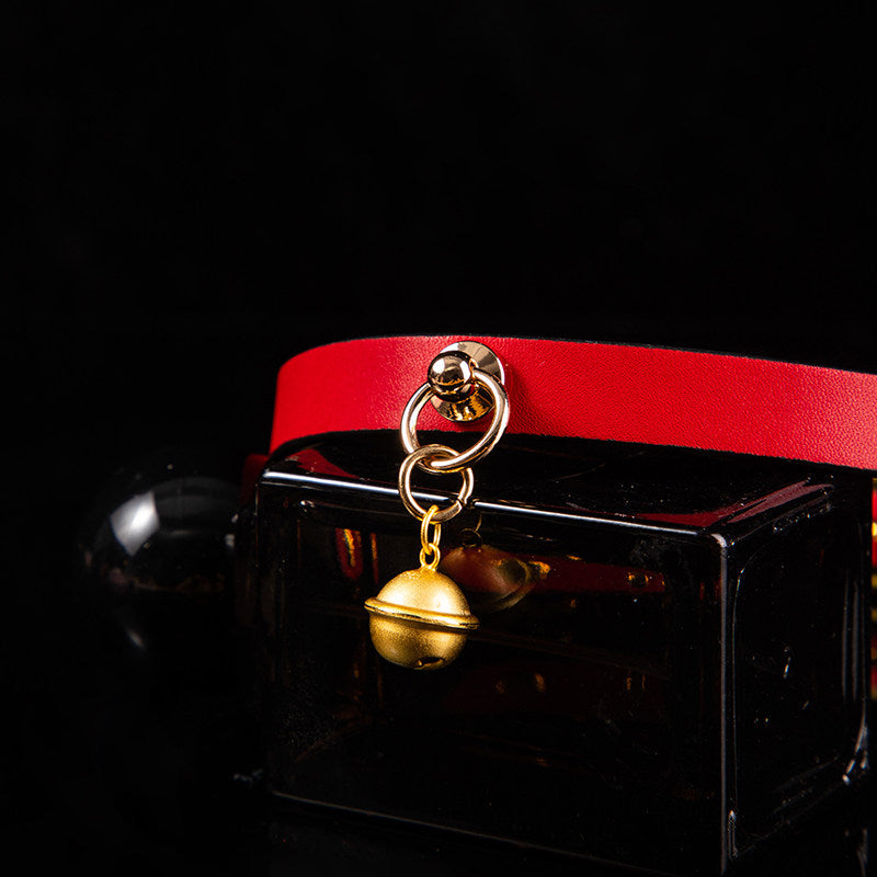 Midnight Gilt - Red-Lined Leather BDSM Slave Collar with Golden Bell