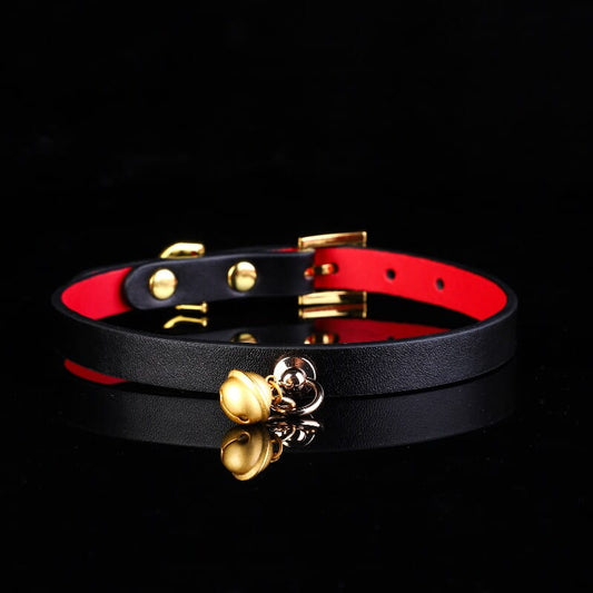 Midnight Gilt - Red-Lined Leather BDSM Slave Collar with Golden Bell