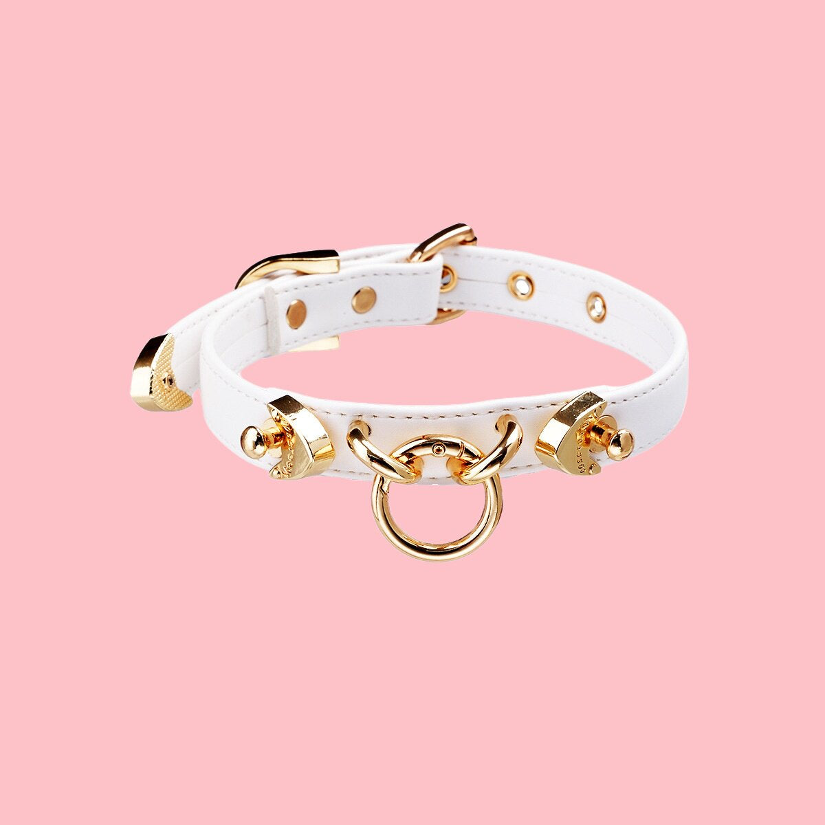 Alabaster Vow - Elegant White Leather BDSM Collar with Golden Accents