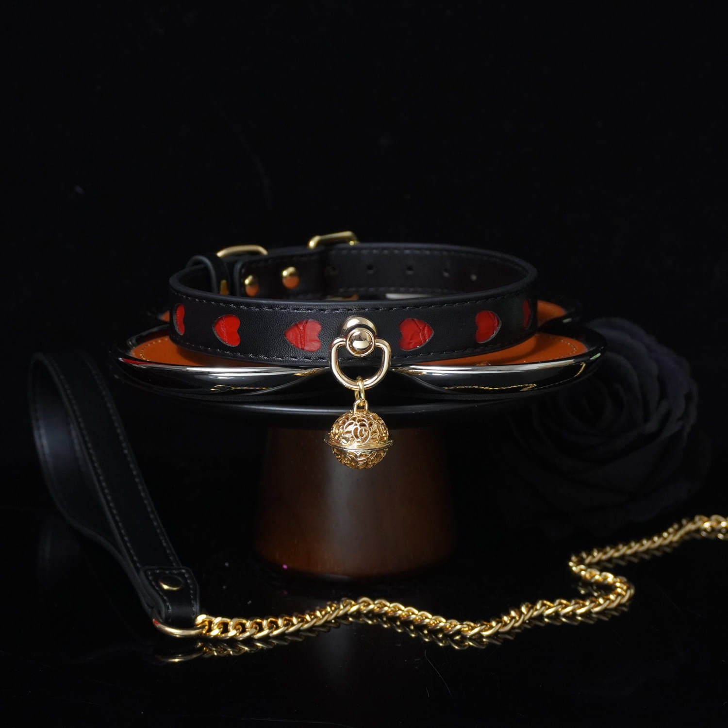 Crimson Hearts - Black & Red Leather BDSM Collar with Filigree Bell