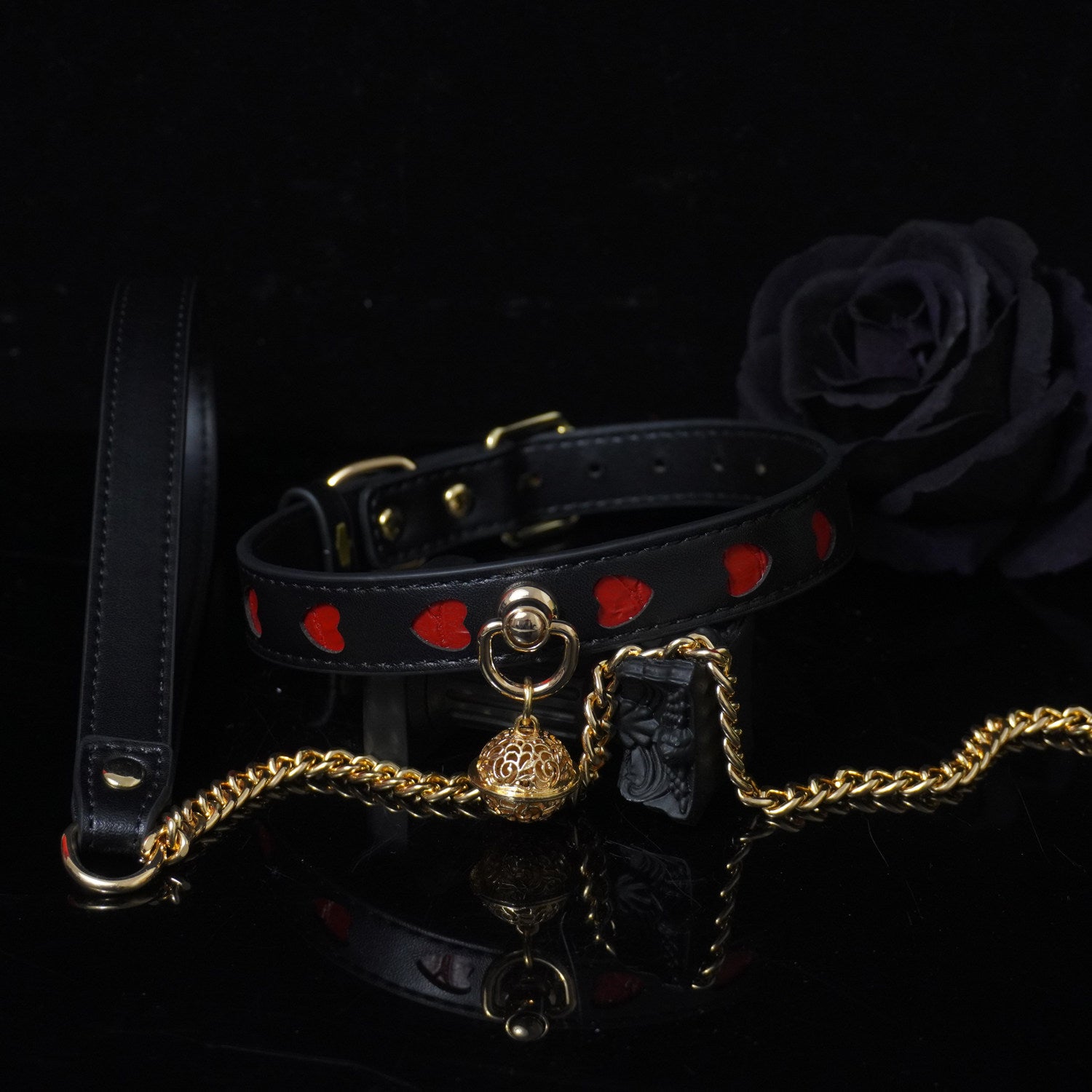 Crimson Hearts - Black & Red Leather BDSM Collar with Filigree Bell