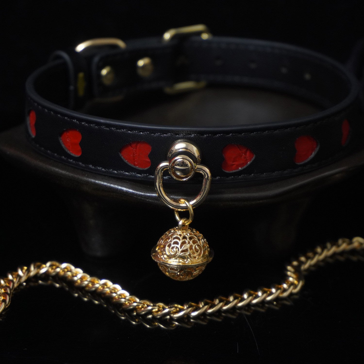 Crimson Hearts - Black & Red Leather BDSM Collar with Filigree Bell
