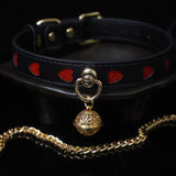 Crimson Hearts - Black & Red Leather BDSM Collar with Filigree Bell