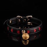 Crimson Hearts - Black & Red Leather BDSM Collar with Filigree Bell