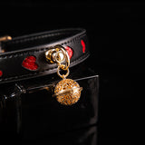 Crimson Hearts - Black & Red Leather BDSM Collar with Filigree Bell