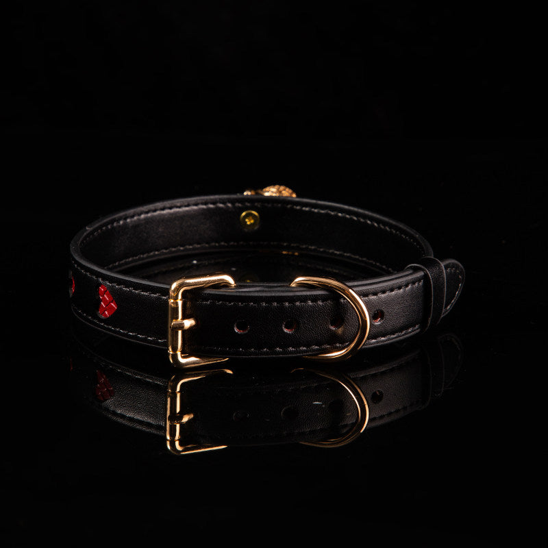 Crimson Hearts - Black & Red Leather BDSM Collar with Filigree Bell