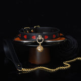 Crimson Hearts - Black & Red Leather BDSM Collar with Filigree Bell