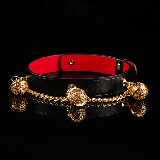 Gilded Symphony - Triple Filigree Bell Leather BDSM Slave Collar