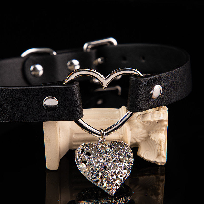 Sacred Affection - Filigree Heart Pendant Black Leather Collar