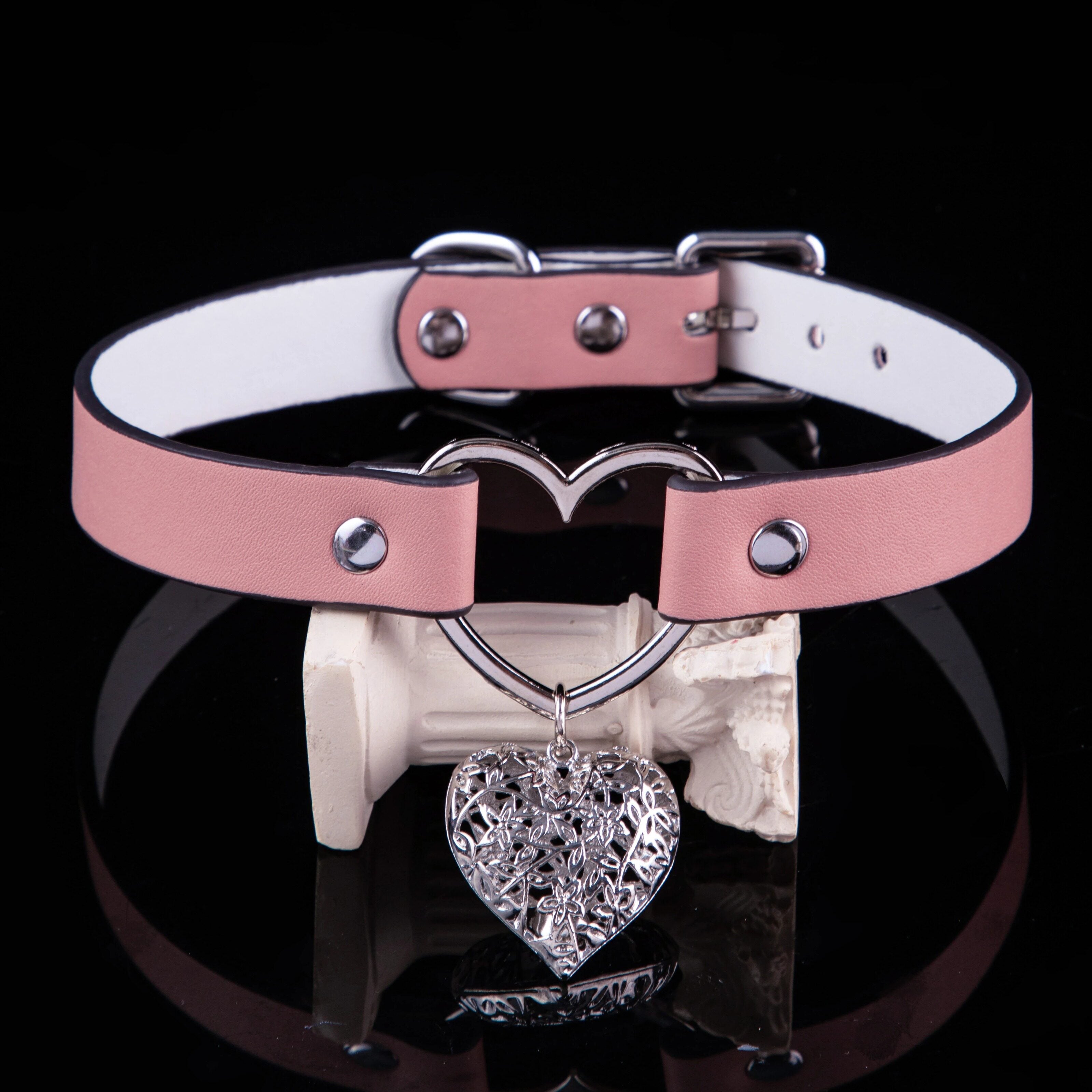 Sacred Affection - Filigree Heart Pendant Black Leather Collar
