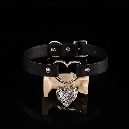 Sacred Affection - Filigree Heart Pendant Black Leather Collar