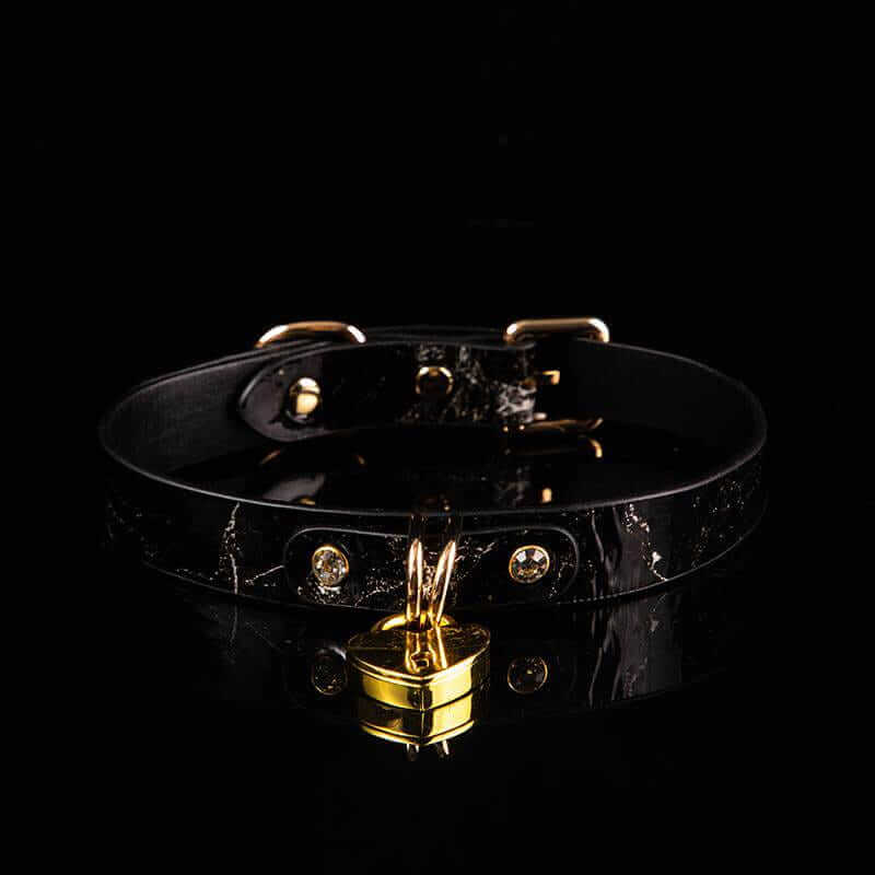 Obsidian Marble - Heart Padlock Lockable Leather BDSM Collar
