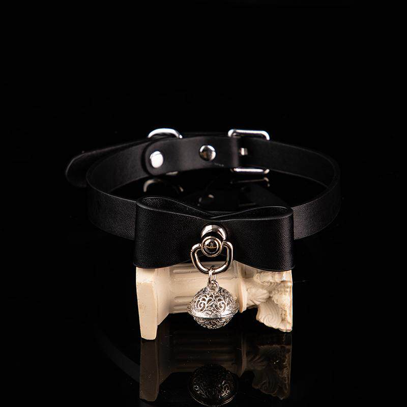 Velvet Shadow - Bow Detail Filigree Bell Leather BDSM Collar