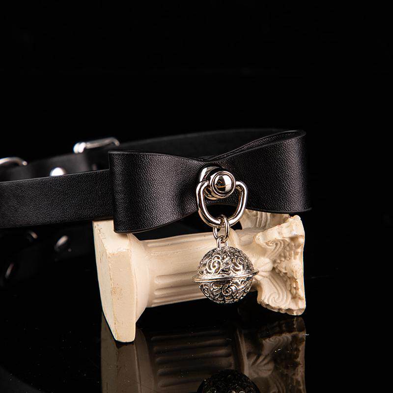 Velvet Shadow - Bow Detail Filigree Bell Leather BDSM Collar