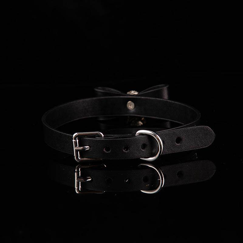 Velvet Shadow - Bow Detail Filigree Bell Leather BDSM Collar