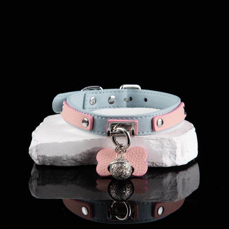Pastel Playtime - Bone Charm & Bell Leather BDSM Collar