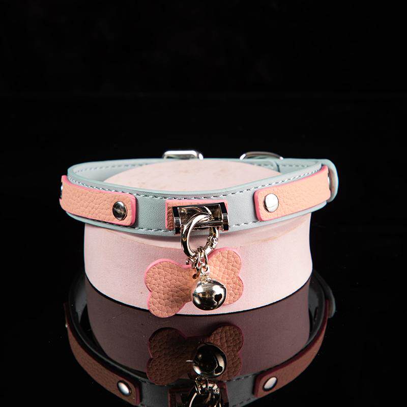 Pastel Playtime - Bone Charm & Bell Leather BDSM Collar