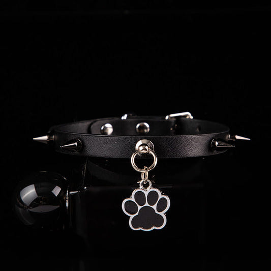 Shadow Paw - Spiked Black Leather BDSM Collar with Paw Charm