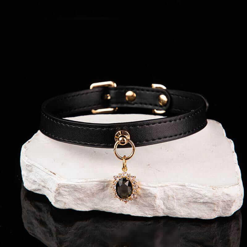 Gilded Obsidian - Jeweled Black Leather BDSM Collar