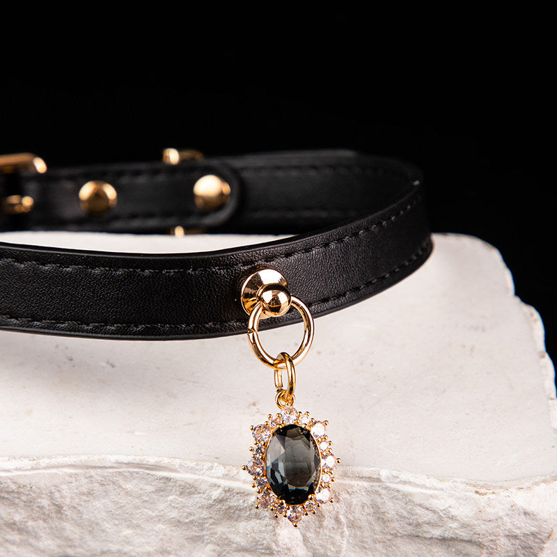 Gilded Obsidian - Jeweled Black Leather BDSM Collar
