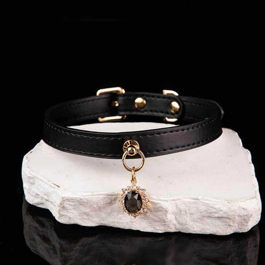 Gilded Obsidian - Jeweled Black Leather BDSM Collar