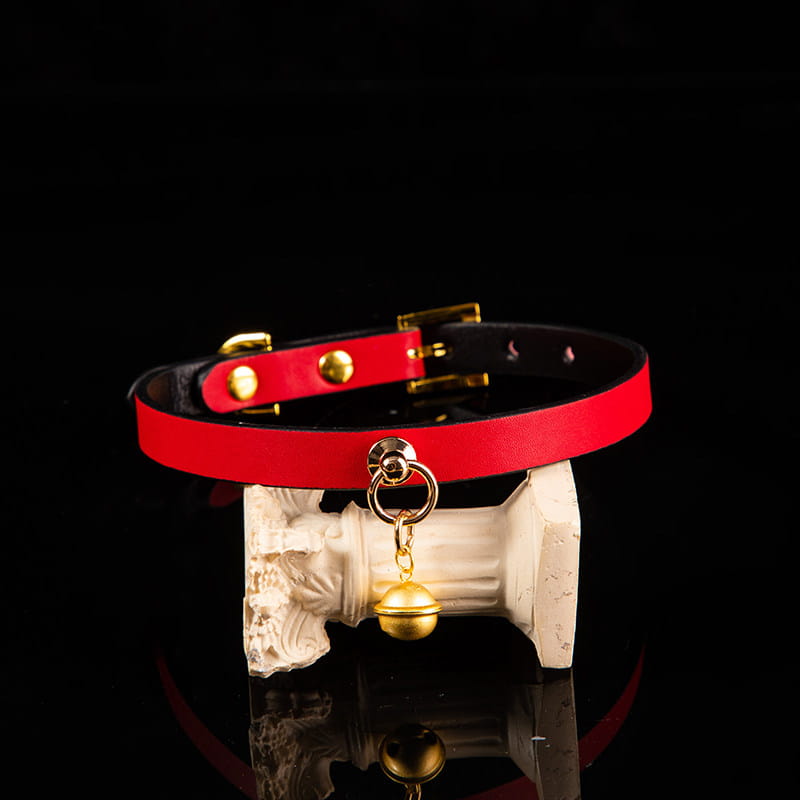 Scarlet Serenade - Handcrafted Red Leather Bell Collar